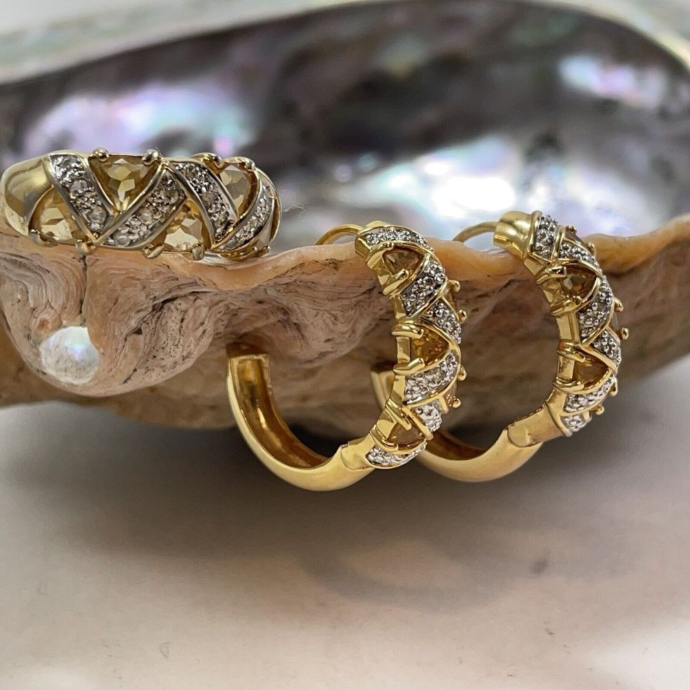 Charles Addison Citrine/Cubic Zirconia Earrings/Ring Size 8.75 Gold Plated 925